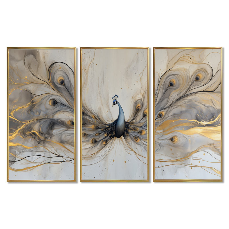 «Gold Peacock in Bloom - Bird», art mural 3 pièces, H 40 po x l 60 po, Cadre flottant doré