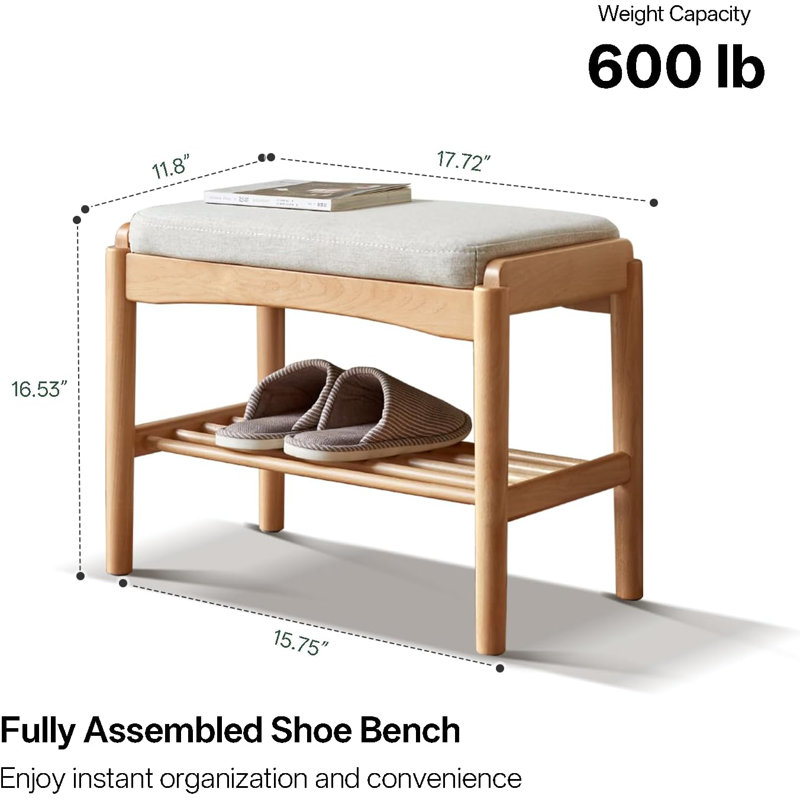 Solid Oak Upholstered Shoe Bench, 17.72"W, Natural Oak & Beige