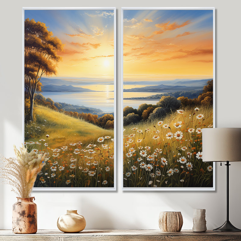Fleurs blanches et vertes, horizon doré, toile jaune, 2 panneaux, 32" H x 32" W, Impression encadrée flottante, White