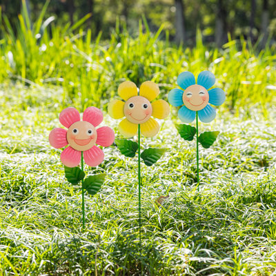 18"H Metal Happy Face Flower Pick,Garden Stake