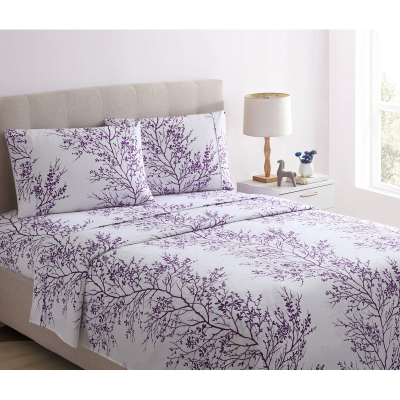 Ensemble de draps en microfibre Foliage, Ivoire / Mauve, Drap pour taille de lit très grand avec drap-hous