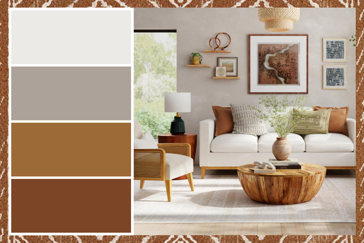 organic modern living room with light gray walls, a white sofa, and natural wood drum coffee table