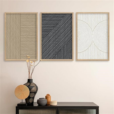 Ensemble de 3 décorations murales modernes modernes abstraites 16 po x 11 po, ensemble de 3 lignes minimalistes de salon, encadré en bois, plaque, bureau à la maison, chambre à coucher, bureau, décoration murale (bois)