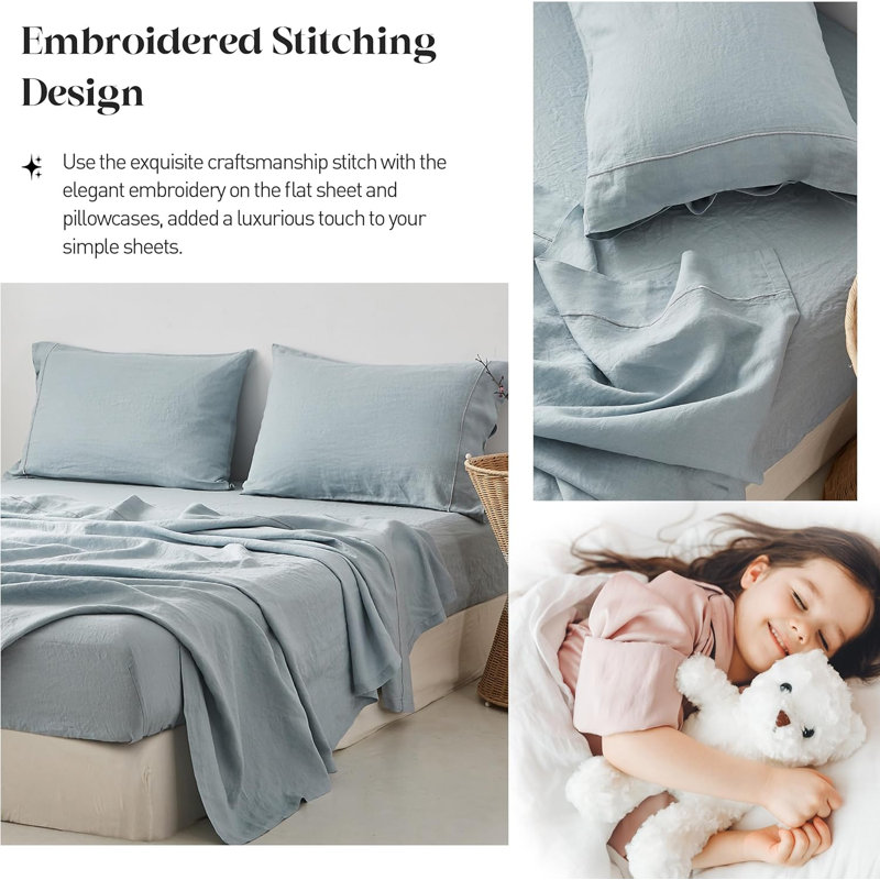 Ensemble de draps 100% lin pur, Twin Sheet Set with 1 Pillowcase, Bleu cendré