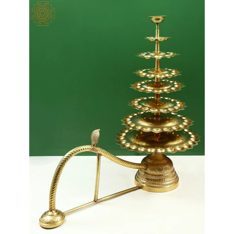 Grande lampe 33 po Aarti à plusieurs niveaux en laiton faite à la main - Gitan Aarti Ritual Diya avec récipient Dhup