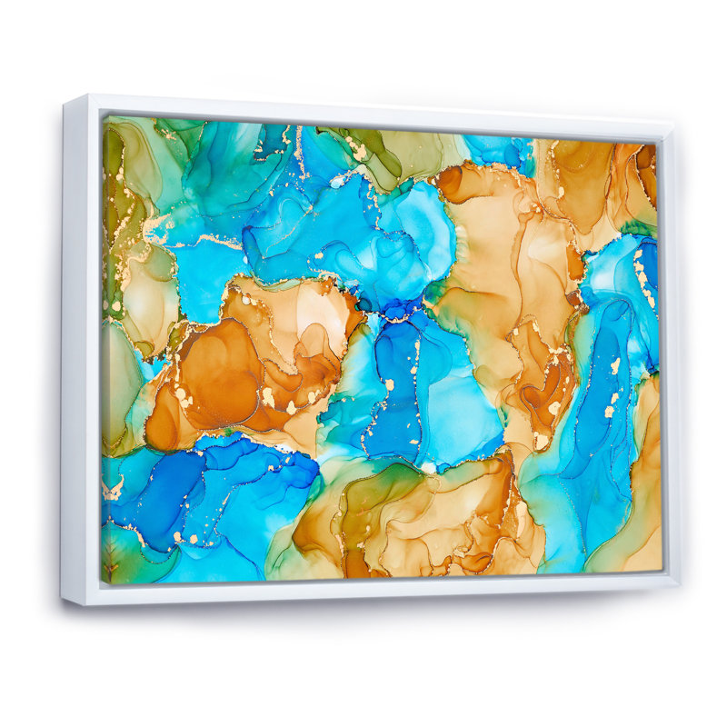 Turquoise et brun, luxe abstrait, fluide I - peinture sur toile, H 34 po x l 44 po x P 1,5 po, Cadre flottant blanc