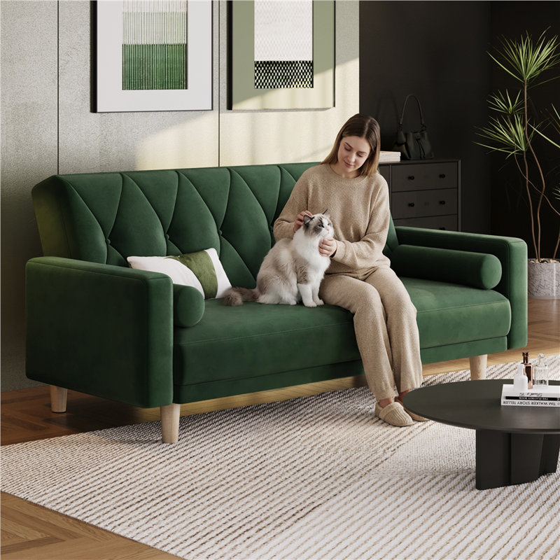 Tufted 3 Seater Sofa Bed, Velvet - Green