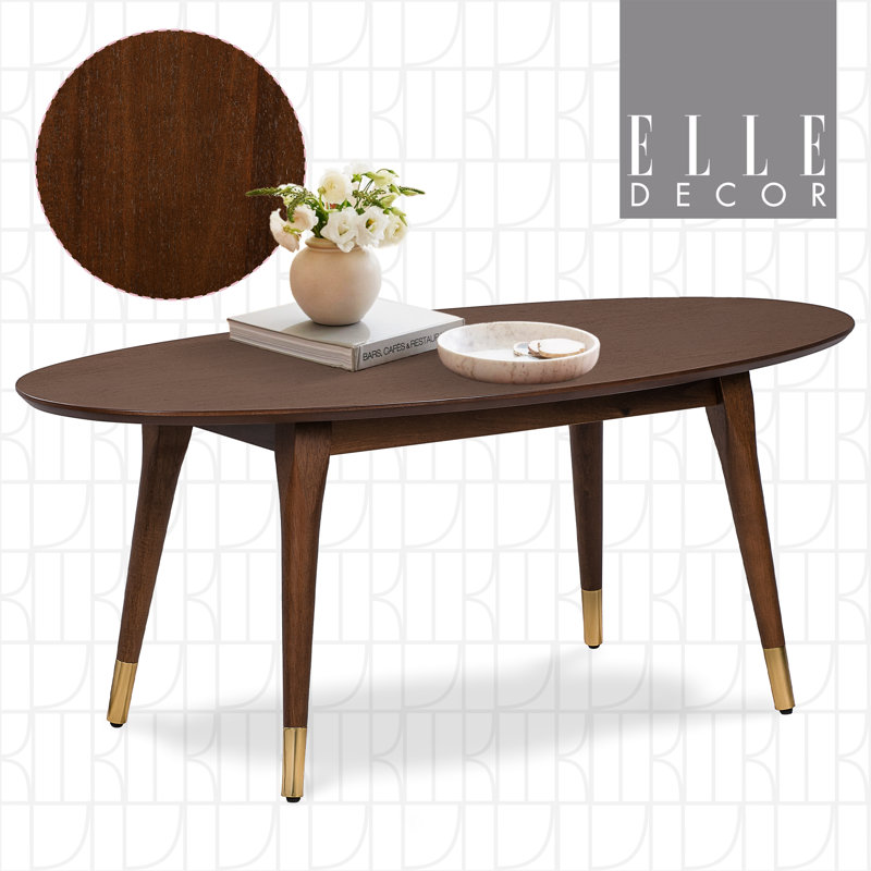 Clemintine Elle Decor Mid-Century Modern Oval Coffee Table with Brass Accents, Walnut