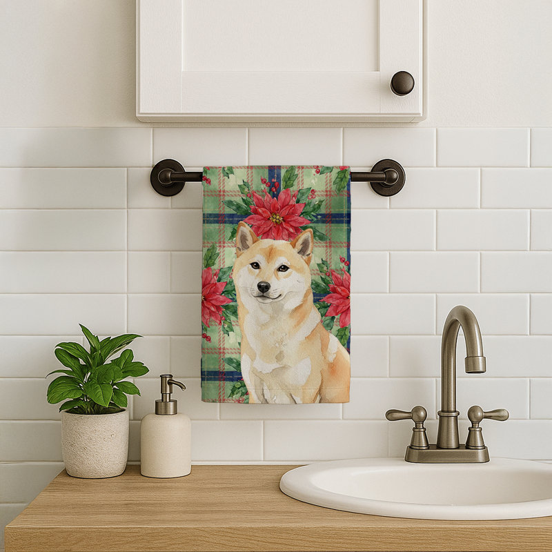 Cream Shiba Inu Christmas PoinsettIas Kitchen Towel, Cream Shiba Inu