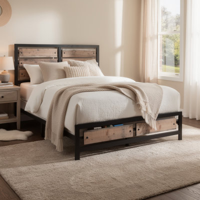 Rive King Size Bed W Rustic Brown Panel Headboard, Black Metal Frame