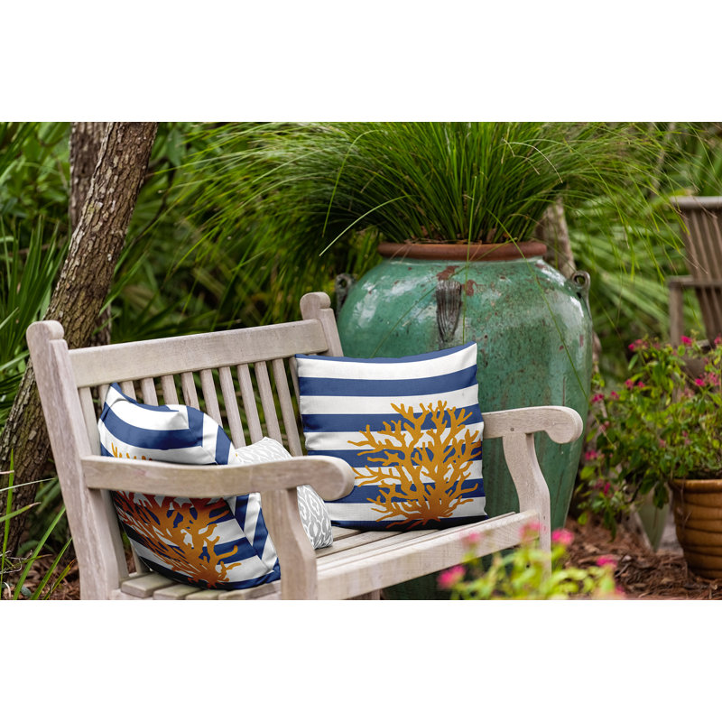 Coussin intérieur / extérieur Leafy Branch, H 20 po x l 20 po, Bleu / blanc / jaune rayé