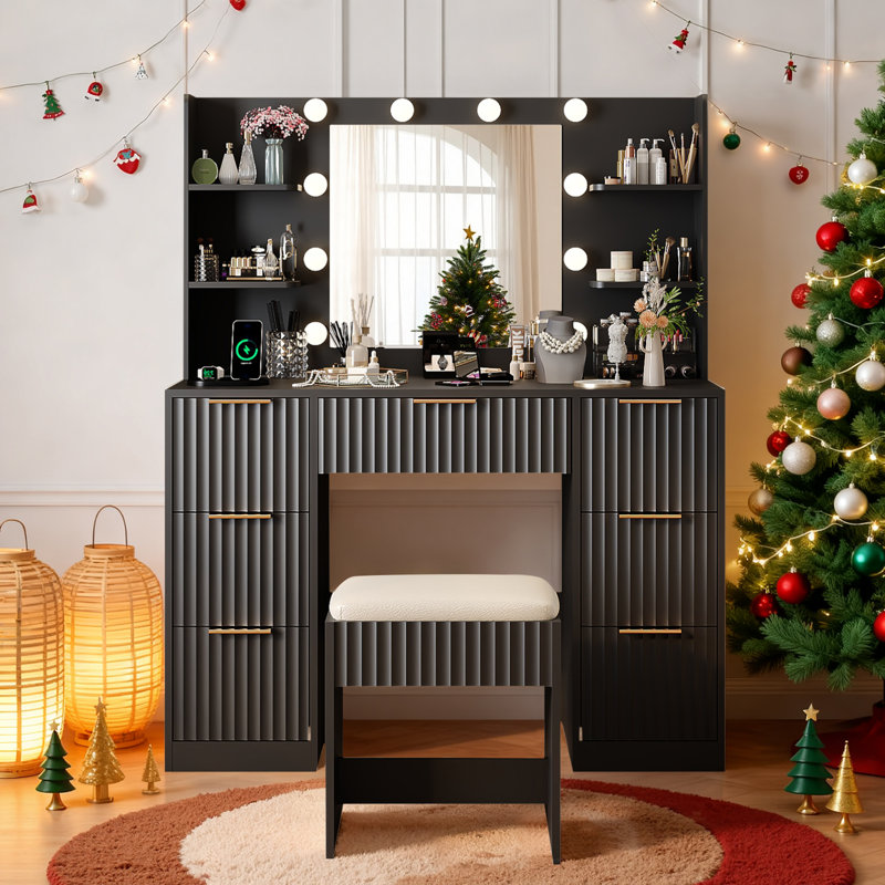 Lighted Vanity Set - 10pcs 3-Color Dimmable Bulbs, 7 Drawers, Black