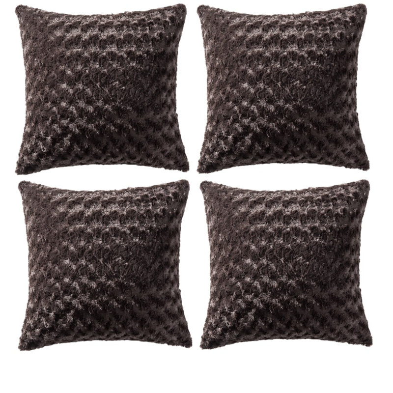 Ensemble de 4 housses de coussin en fausse fourrure de lapin (housse seulement), H 18 po x l 18 po, Café, Carré