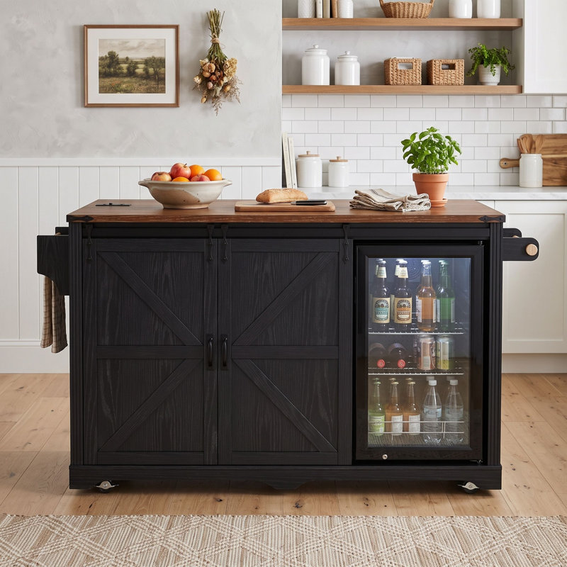 Îlot de cuisine à roulettes Farmhouse avec abattant, 4 tiroirs, portes de grange coulissantes, supports en verre et prise de courant intégrée