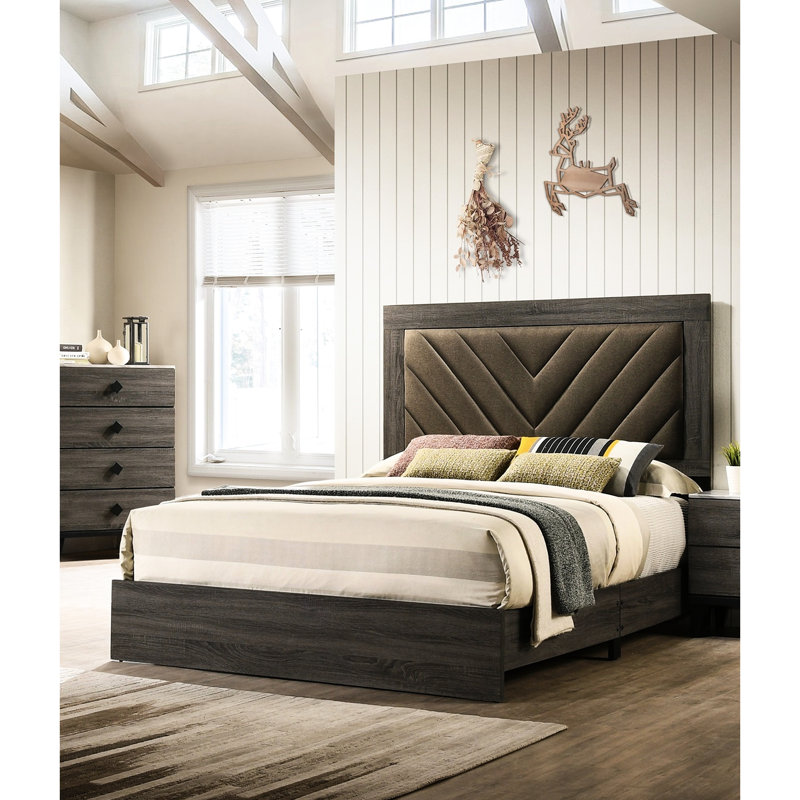 Lit grand contemporain - Tête de lit tapissier de couleur gris cendré rustique et sommier requis, Gray