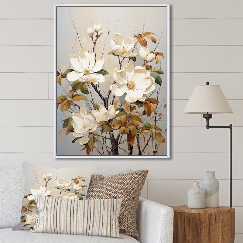 Mélodie douce de magnolia beige sur toile, H 32 po x l 24 po x P 1 po, Cadre flottant blanc