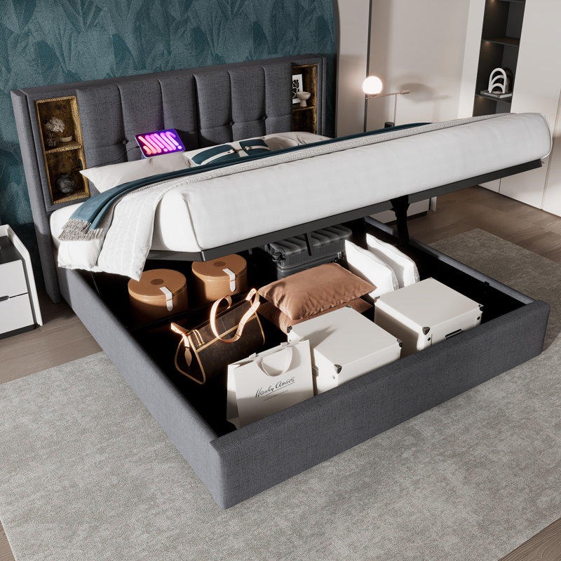 Upholstered Bed With Wireless Charging, Grey, 180 x 200 cm