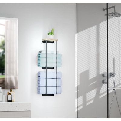 Porte-serviettes pour salle de bain, porte-serviettes mural à 2 niveaux avec tablette en bois, porte-serviettes mural en métal et rangement, noir