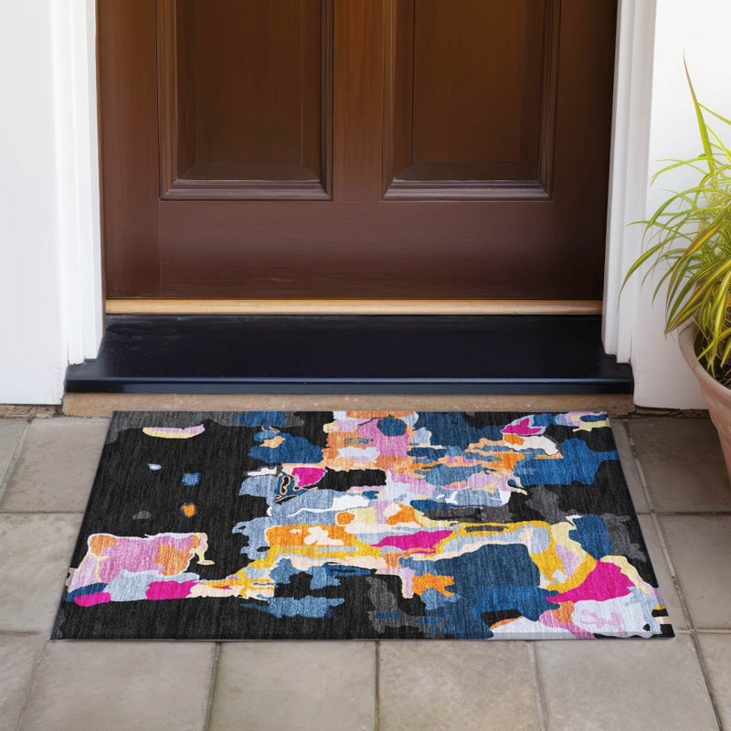 Black Abstract Washable Synthetic Rectangular Rug 20" x 30"