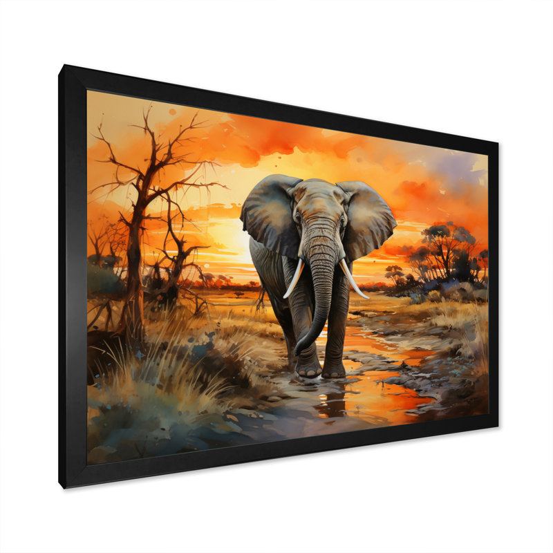 Éléphant d'Afrique, prairies II sur toile, Cadre photo noir, H 34 po x l 44 po x P 1,5 po