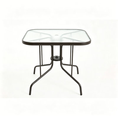 Square Outdoor Patio Dining Table with Tempered Glass Top, Steel Frame Bistro Table with Umbrella Hole