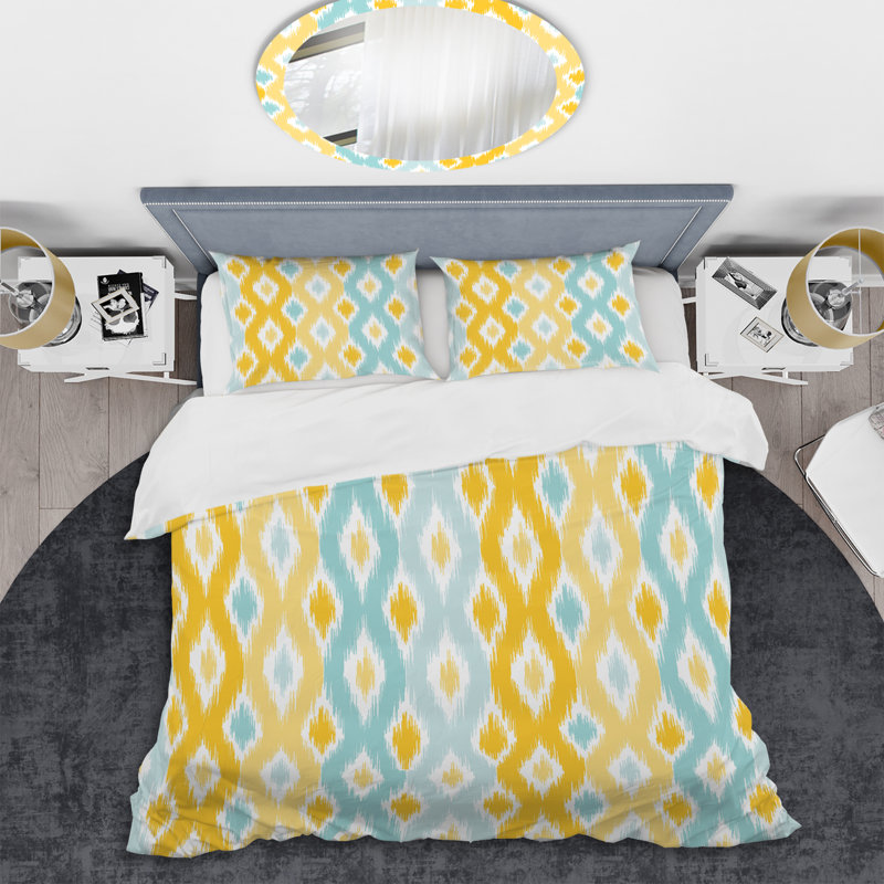 Yellow Ikat Ogee - Ensemble de housse de couette abstrait - Microfibre de polyester