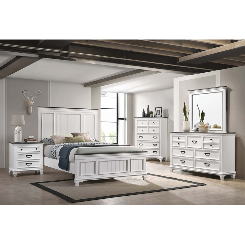 Ensemble de chambre à coucher, Grand, Lit, table de chevet, commodes, miroir de commode