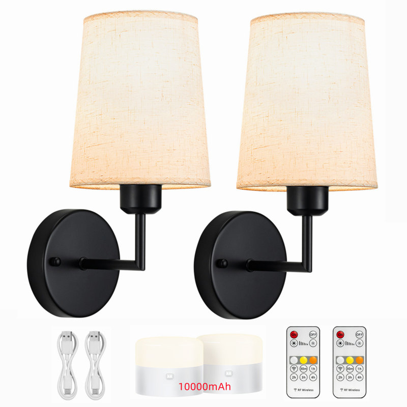 Battery Operated Wall Sconce, Pleated Fabric Rechargeable Wall Sconces, Black
