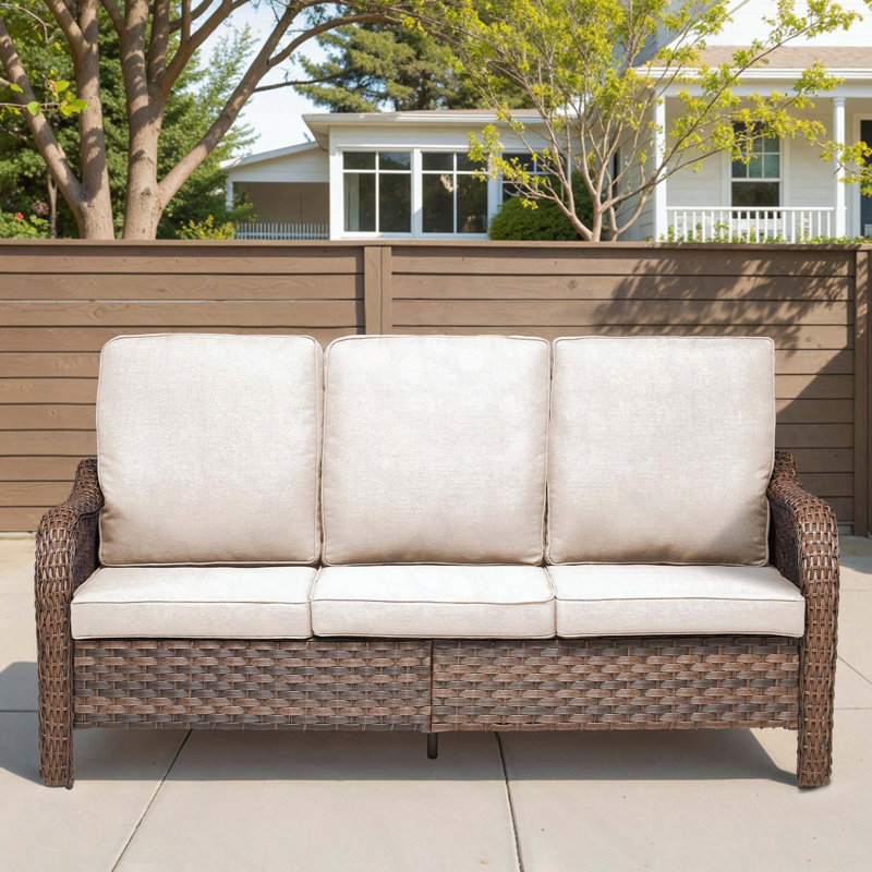 70.9-Inch 3-Seat PE Wicker Rattan Outdoor Sofa with Beige Cushions, Beige