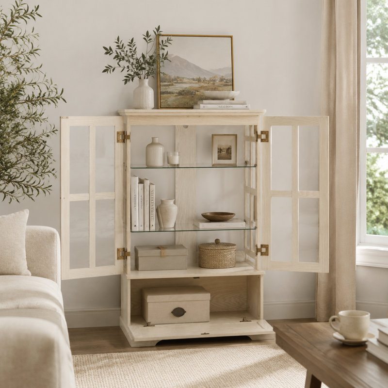 Vitrine H 46,89 po avec portes en verre, armoire de rangement à 2 niveaux avec éclairage RVB et tiroir rabattable, Blanc