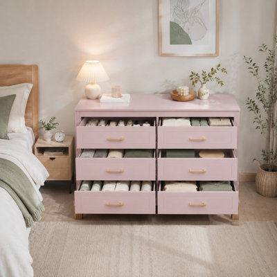 Modern 6-Drawer Solid Wood and MDF Double Dresser with Metal Handles, Pre-Installed Ball-Bearing Slides, Ribbed Detailing, Recessed Panels, and Solid Wood Legs - Pink