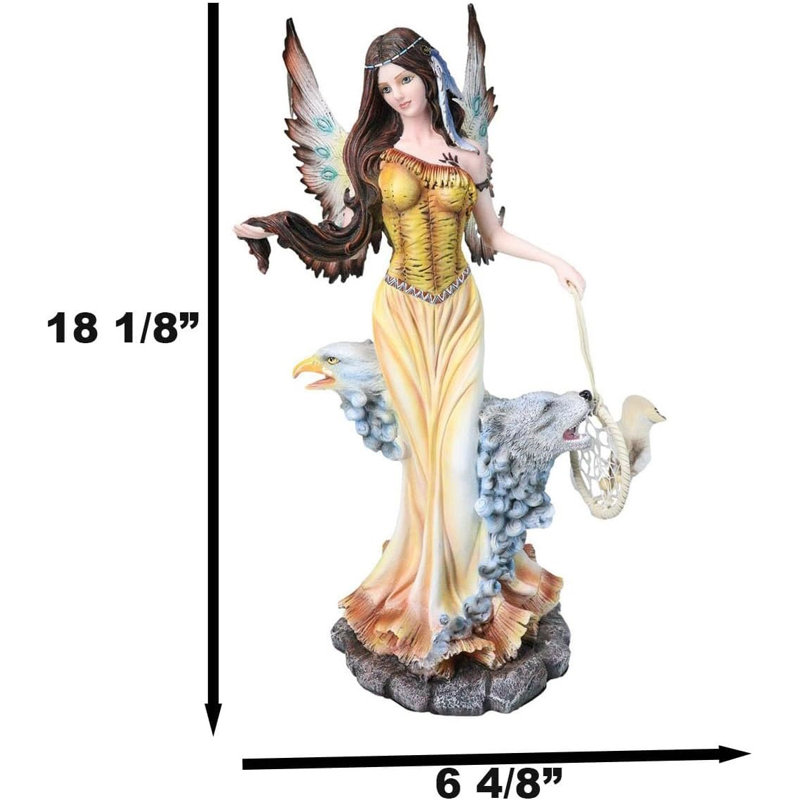 Grande figurine d'attrape-rêves de fée indien avec loup 18 po