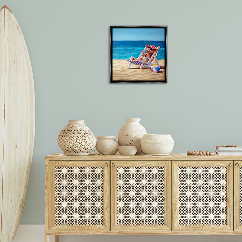 Pig with Beach Cocktail Framed Floater Canvas Wall Art by Lucia Heffernan, Black, 18" H x 18" W