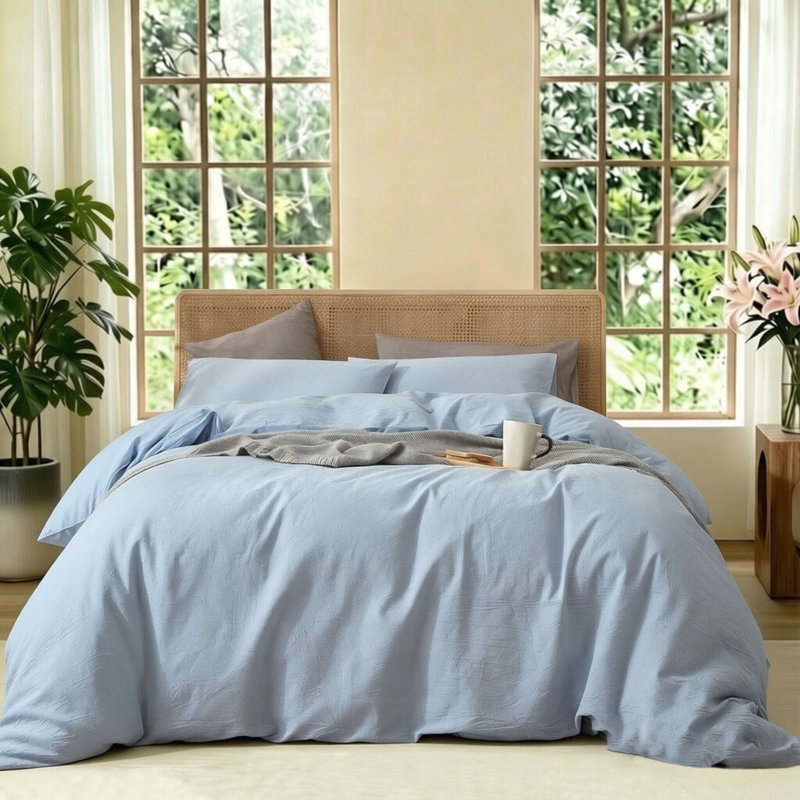 Ensemble de housse de couette 100% coton délavé XINMIANFANG, Housse de couette grand et 2 taies d'oreiller stan, Bleu bleuet