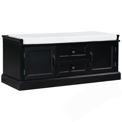 Storage Bench With 2 Drawers And 2 Cabinets, Removable Cushion For Entryway And Living Room