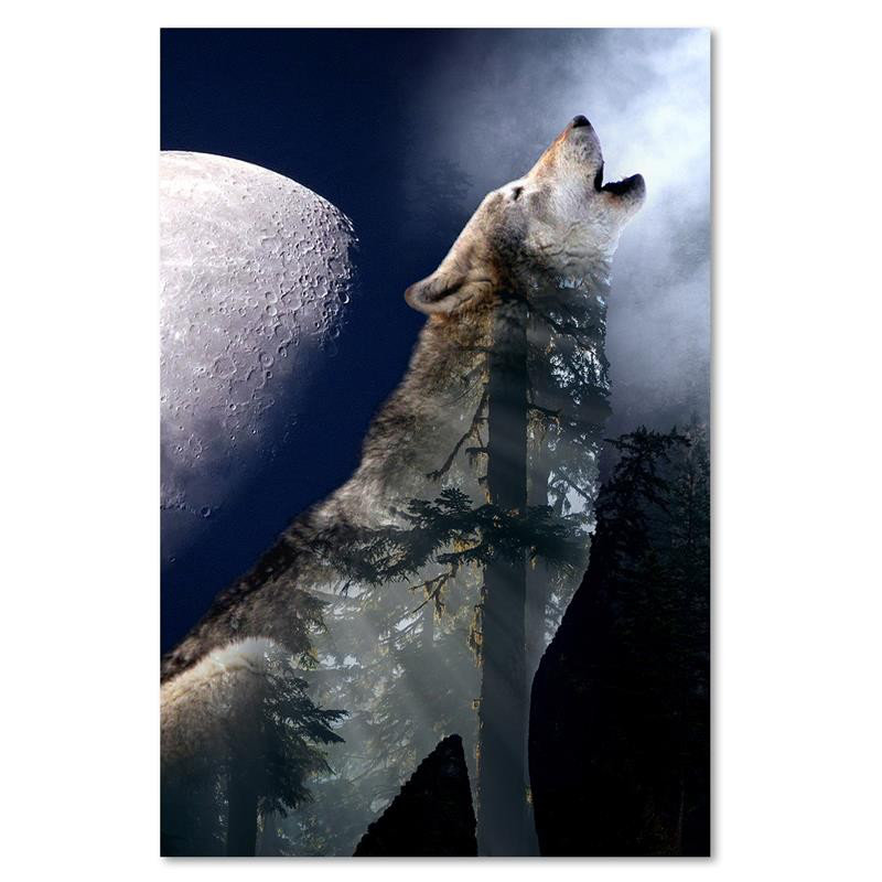 Leinwandbild Wolf heult nachts den Mond an