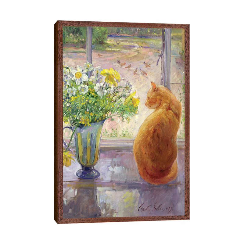 Striped Jug With Spring Flowers by Timothy Easton - Painting on Canvas, Classic Brown Wood Framed Canvas