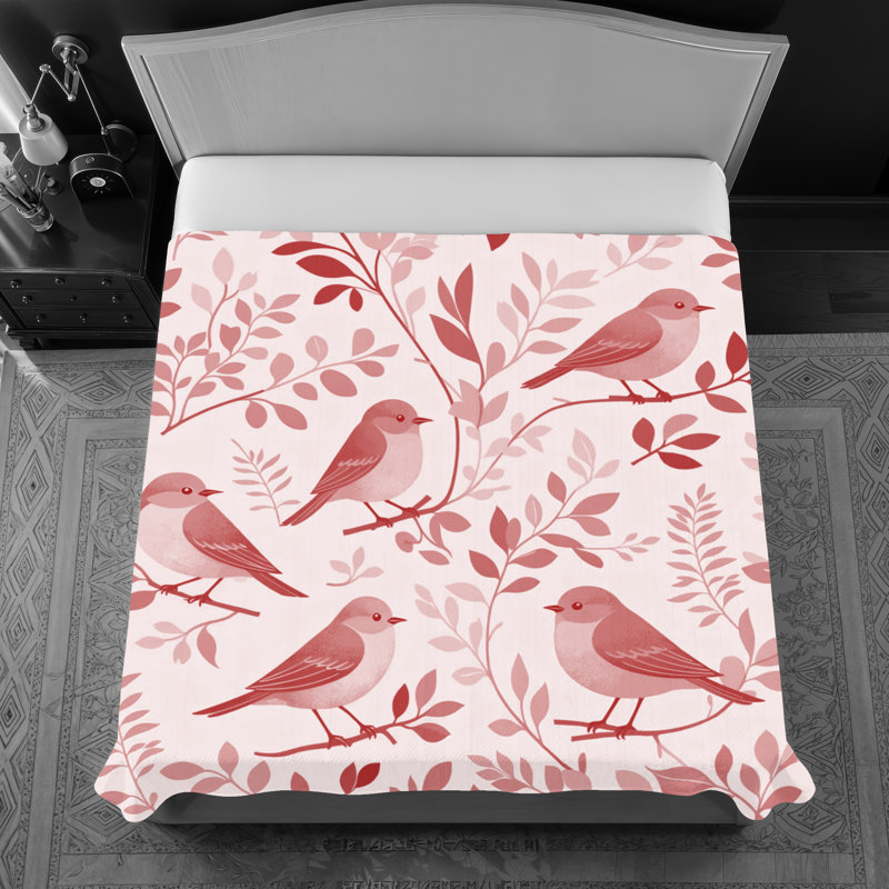 Couvre-lit matelassé Birds On Branches, Très grand lit, Rose moyen / rose clair