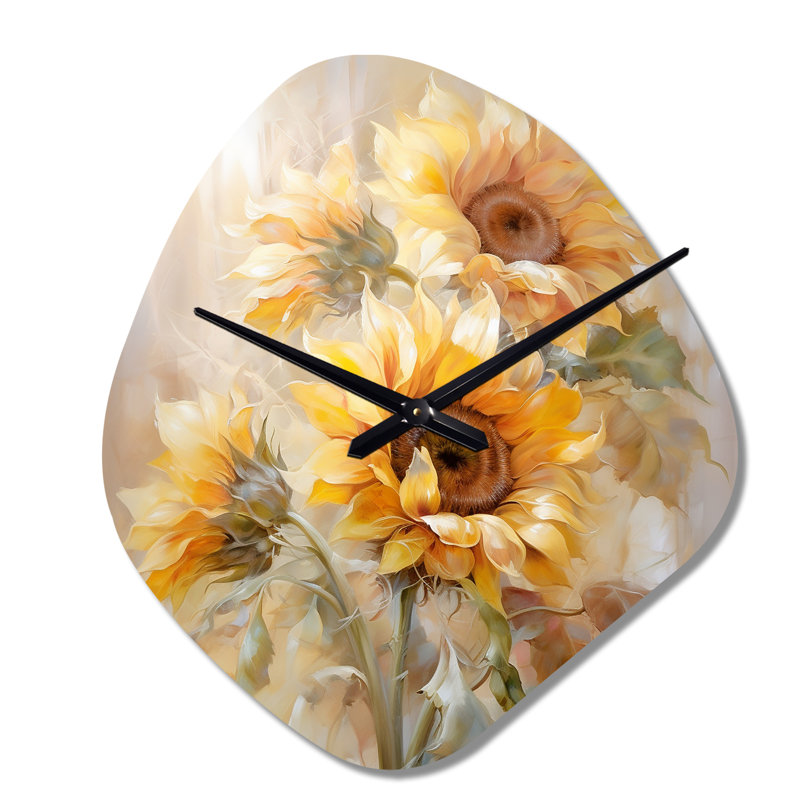 Beige tournesols romantique Impression V - horloge asymétrique en métal tournesols, horloge murale, Grand