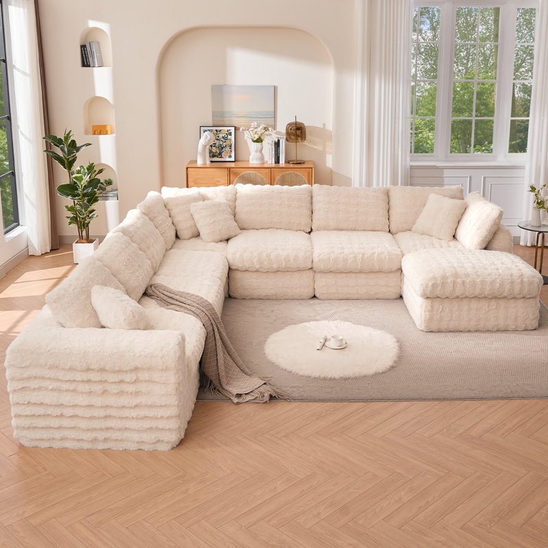 8 - Piece Compression Modular Upholstered Sectional, Beige Faux Fur