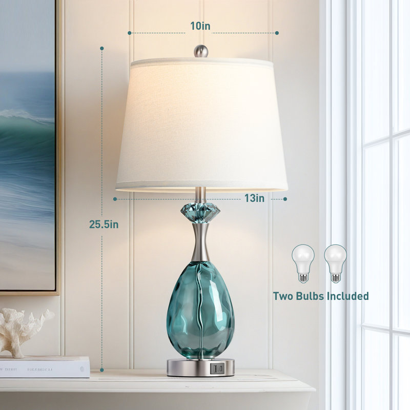 26" Coastal Glass Table Lamps Set of 2, 3-Way Dimmable Touch Control Bedside Lamp with USB A+C Ports, Blue