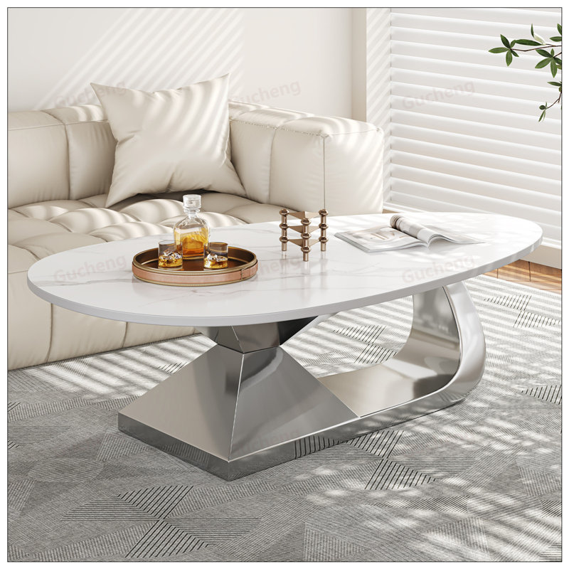 Table basse moderne en pierre frittée avec base en acier inoxydable - Centre de table de salon élégant, Argent argent