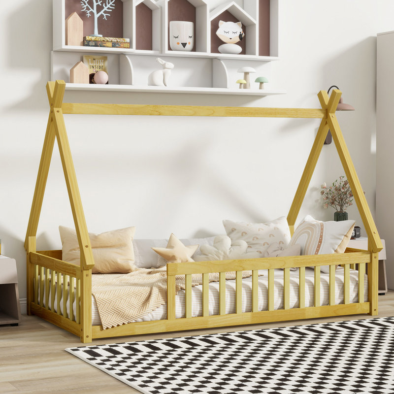 Tent-Shaped Floor Bed,Teepee Bed With Guardrails,Slats, Natural