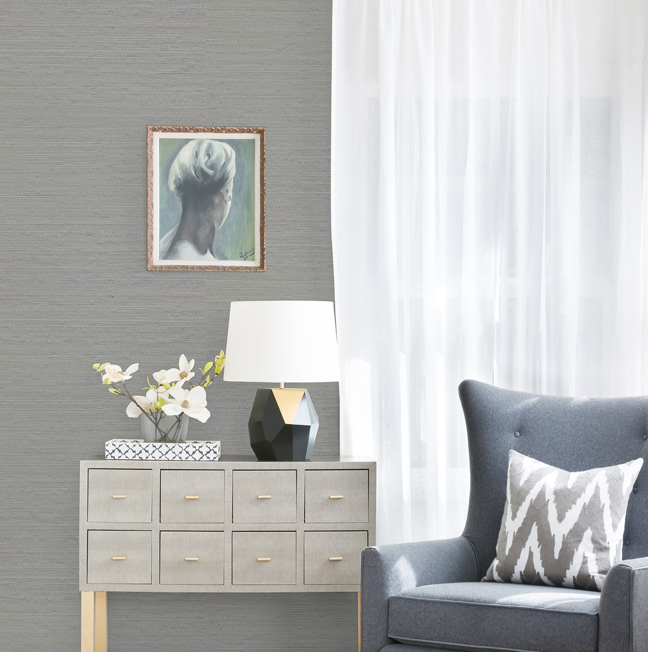 Hamza Modern Grass Cloth Abstract Wallpaper, 20.5" W x 33' L, Periwinkle