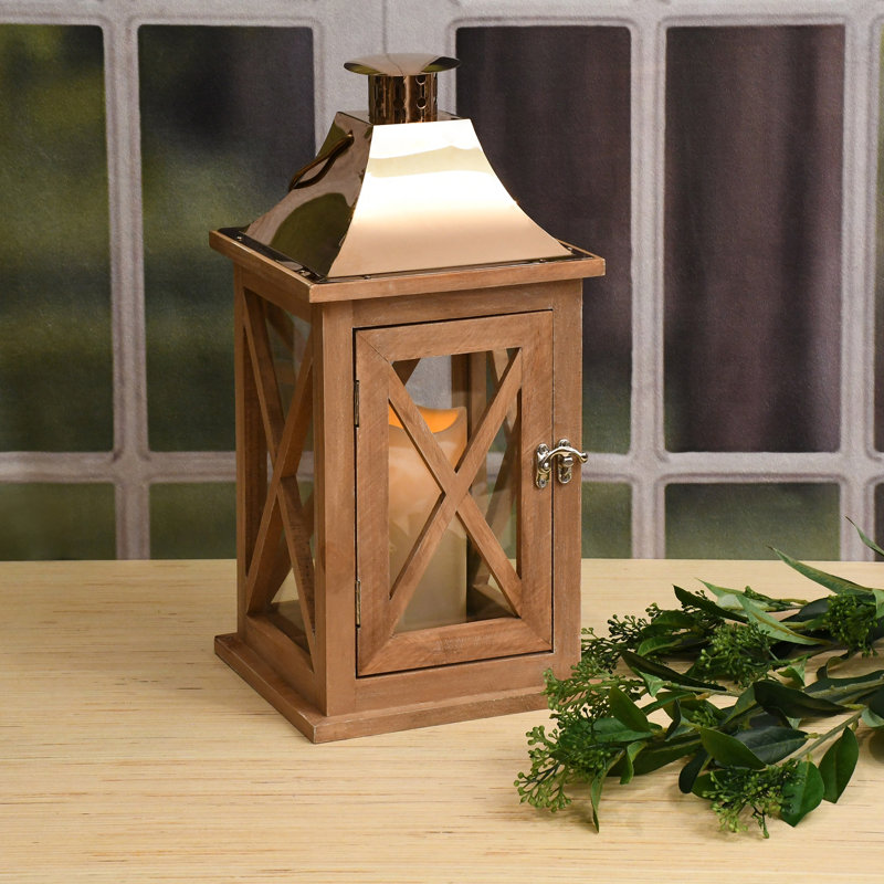 Natural with Copper Roof Wooden Lantern with Battery Operated Candle