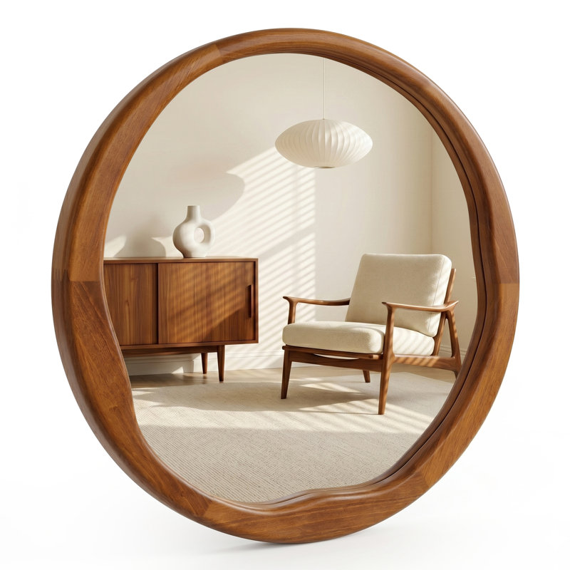 Accent Round Solid Wood Wall Mirror, 30" x 30", Warm Walnut