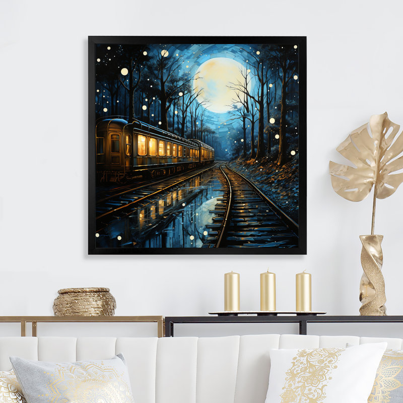 Train Luminous Trails Pointillism - reproduction sur toile, H 16 po x l 16 po x P 1 po, Cadre photo noir