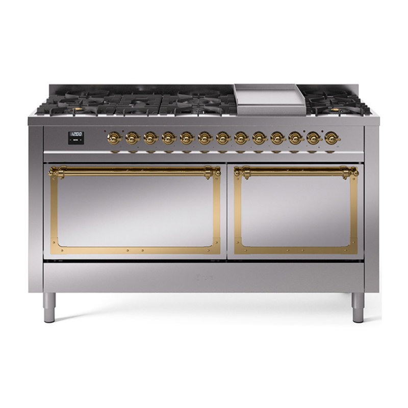 ILVE Nostalgie II Noblesse 60 in Dual Fuel Range, 9 Burner, Griddle, Liquid Propane, Stainless Steel/Brass