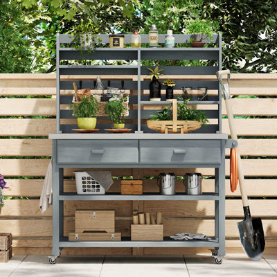 Banc de rempotage d'extérieur H 64,9 po avec plateau en acier inoxydable, huche supérieure et roues verrouillables Sylvara