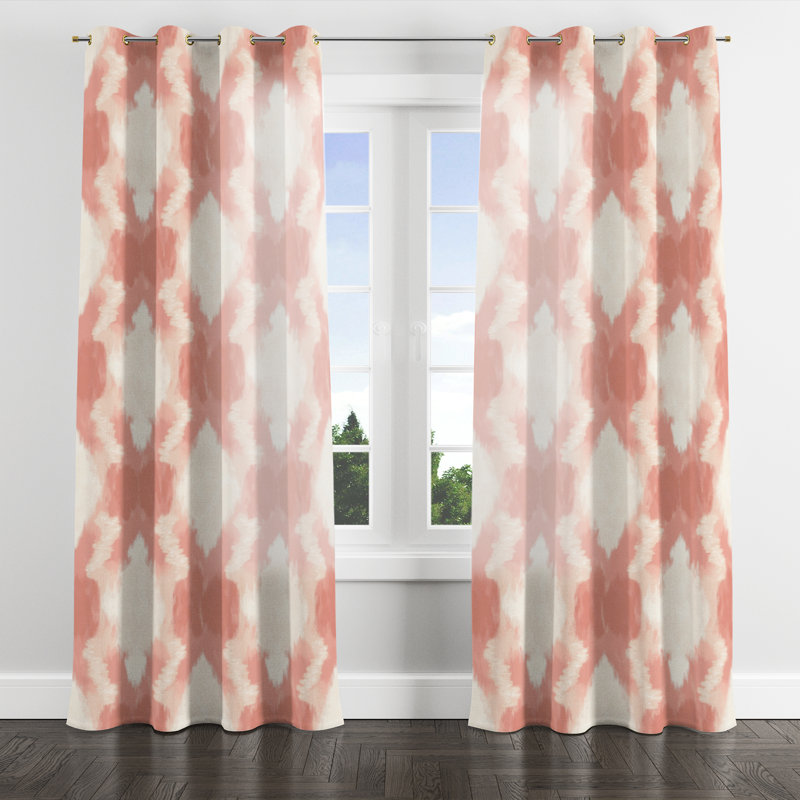 Boho Room Darkening Curtains - Ikat Pink And Beige Blush Ikat Grommet Curtain - 1 Panel, Gold Grommets, 52" W x 120" L